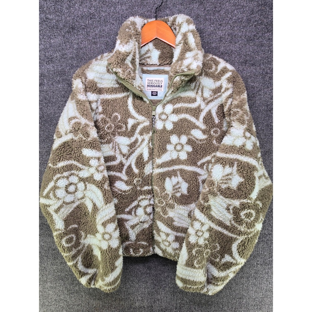 American Eagle Seriously Huggable Sherpa Fleece Jacket Tan Floral Zip Up Medium